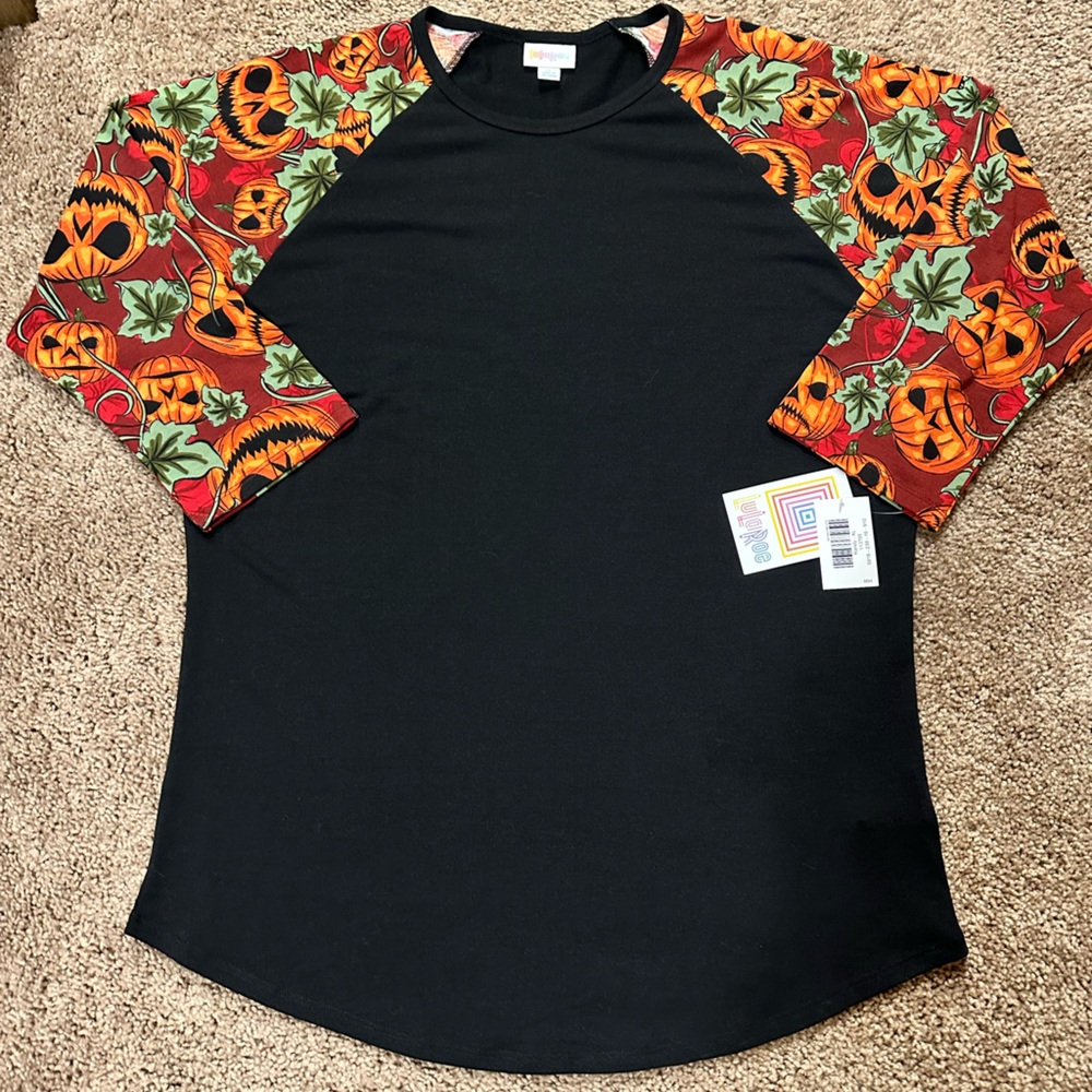 LuLaRoe Randy Top with Orange Pumpkin Sleeves